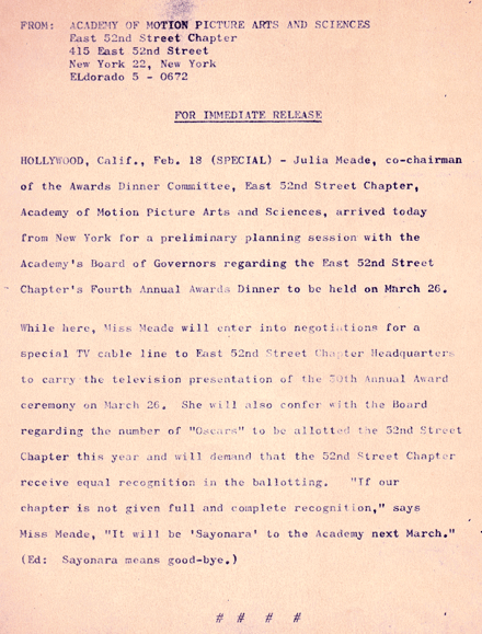 Julia's press release for her Oscar party in New York City, 1958
