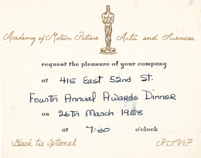 Julia's invite to her Oscar party in New York City, 1958